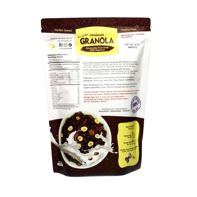 GRANOLA CRUNCHY ABSOLUTELY CHOCOLATE WITH HAZELNUT - SEREAL MAKANAN SEHAT SARAPAN PRAKTIS BERGIZI TINGGI NUTRISI BAHAN ORGANIK ALAMI TANPA PENGAWET - HIGH QUALITY - SAVIOR SNACK - GRANOLA BEST CHOCOLATE 300g