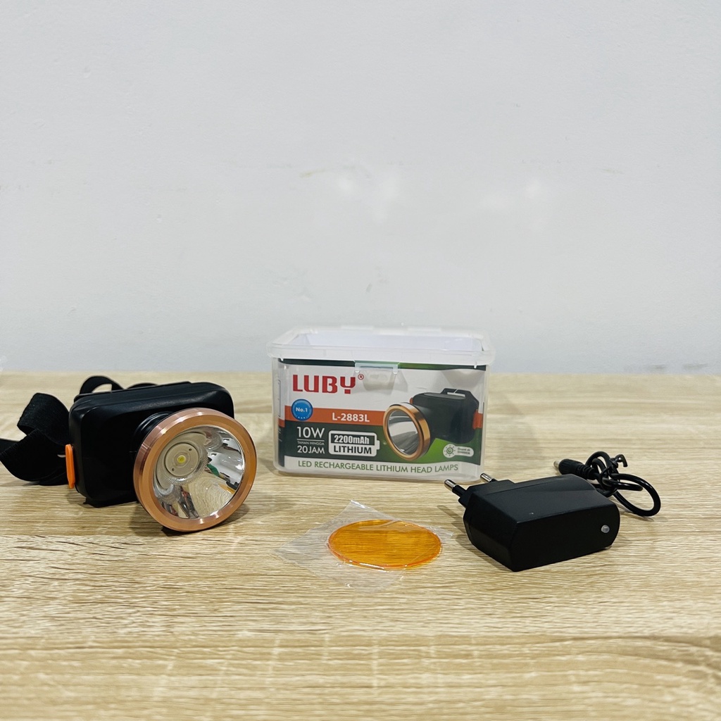 Senter Kepala Luby 10 Watt Baterai Cas Ulang Dim Dimmer Headlamp Head Lamp Nyala Putih L2883L lensa kuning