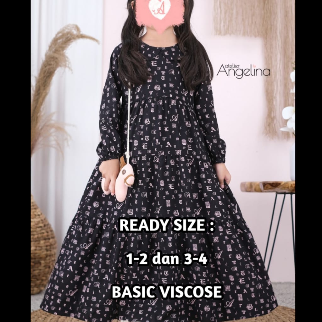 HOMEDRESS ATELIER ANGELINA  LETTER BLACK PINK BELLA DRESS GAMIS SIZE L XL ANAK SIZE 1-2 TAHUN 3-4 TA