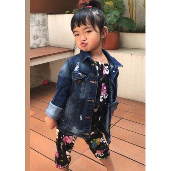 JAKET RIPPED JEANS ANAK 3-10 TAHUN SOBEK SOBEK DENIM JACKET BIOWASH SNOW WHITE CROP LEPIS TEMPEL STR