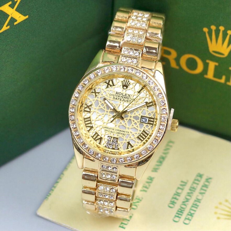 Jam Tangan Wanita Rolex Rantai Permata Premium Tanggal Aktif Free Box Rolex &amp; Baterai Cadangan