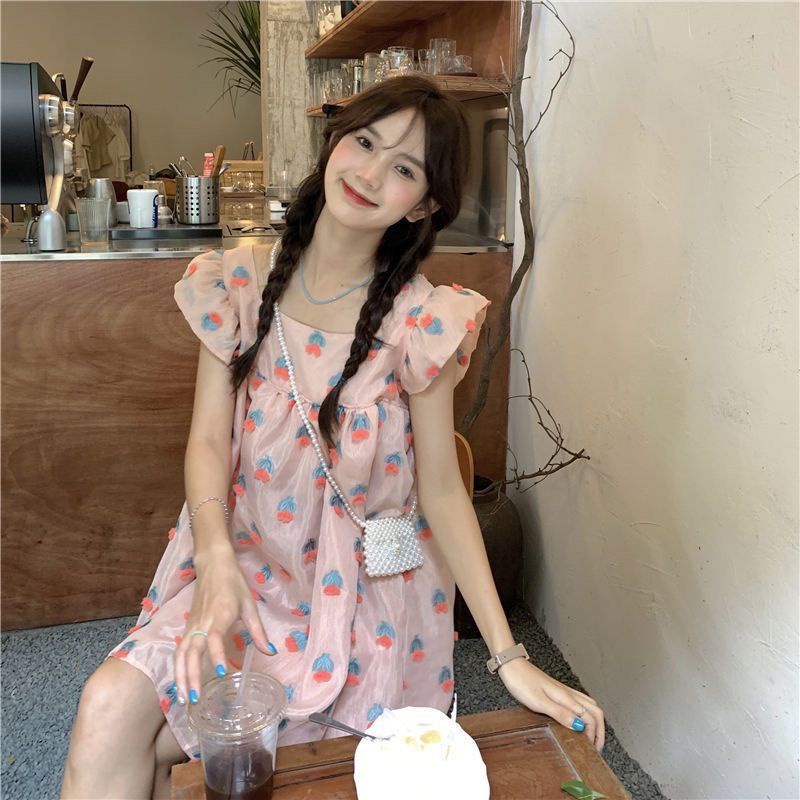 [MikanHiro Store] Dress Line A Cute Dress Peach Short Korean Style Summer Dress Gaun Lucu Remaja