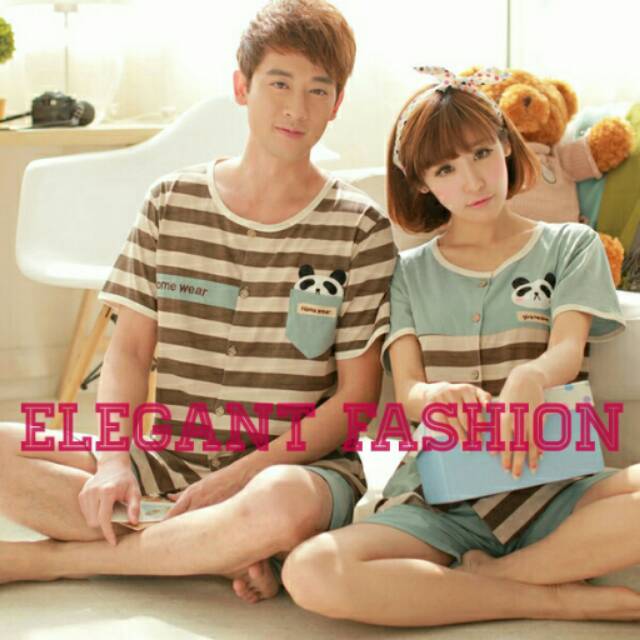 Baju Tidur Piyama Kaos Setelan pendek Couple Pasangan Import Lucu Full Kancing Panda Stripe