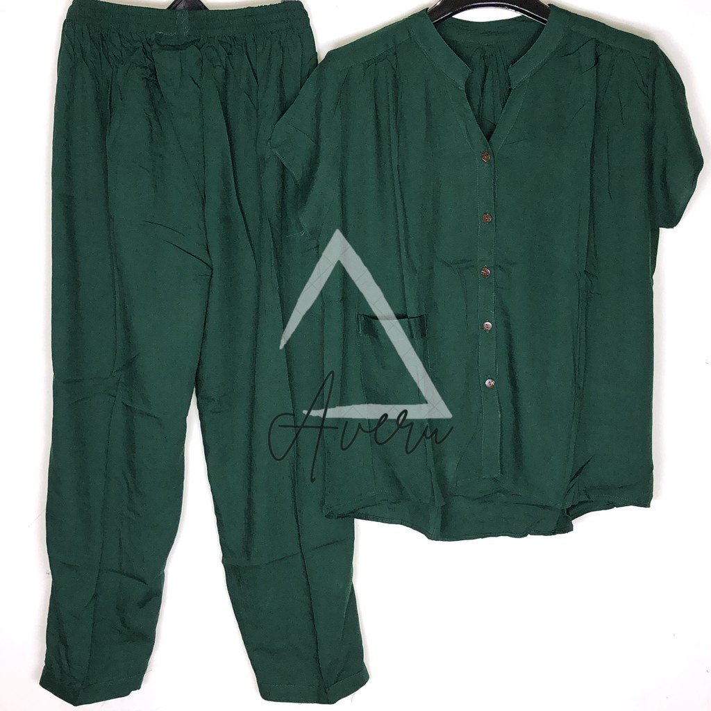 JUMBO Baju Tidur Wanita Piyama Setelan Rayon CP Celana Panjang - Polos-Bottle Green