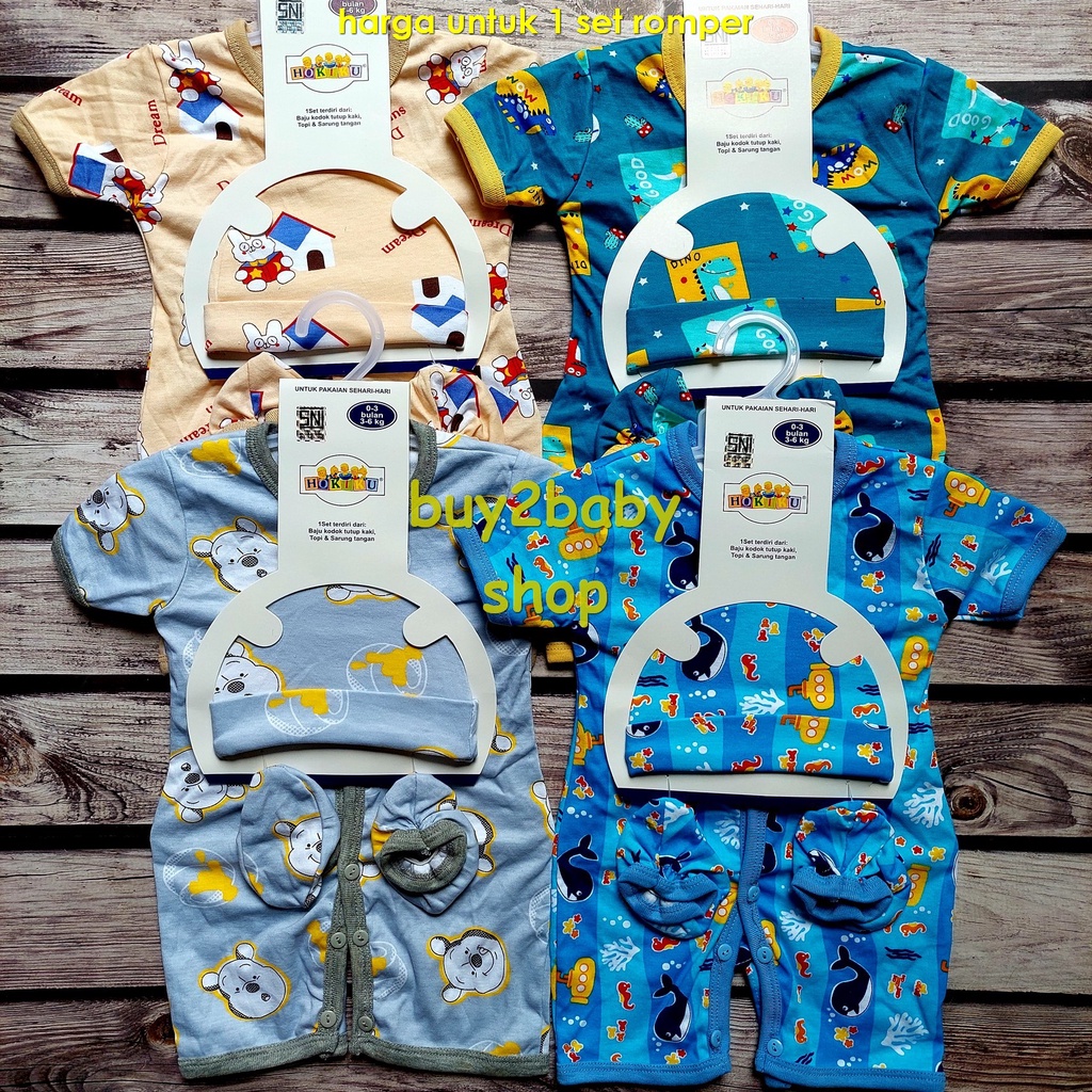 Jumper baju kodok bayi buka kaki set 3 in 1 Hokiku 0-3 Bulan 1 PCS