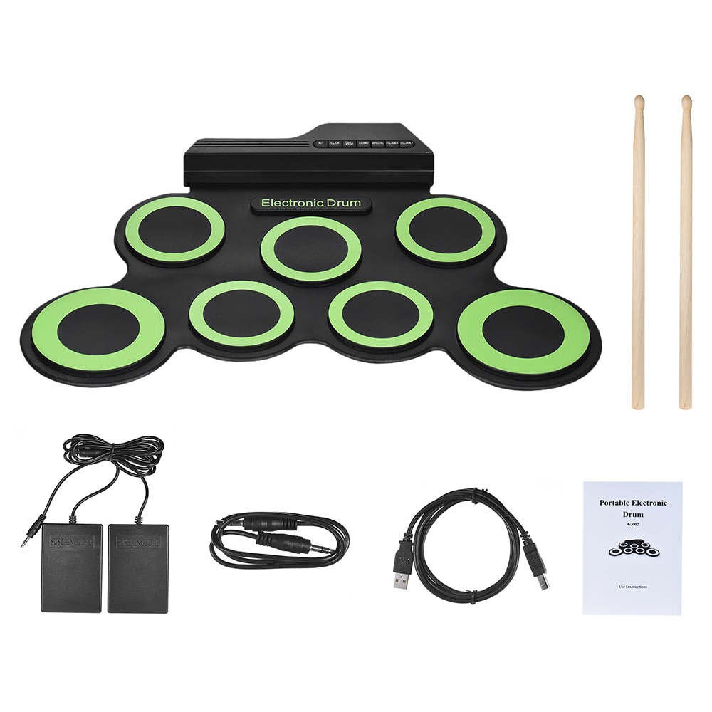 Drum Pad Digital USB Murah / Electronic Digital Drum Kit 7 Pads Roll Up USB Power - HIjau