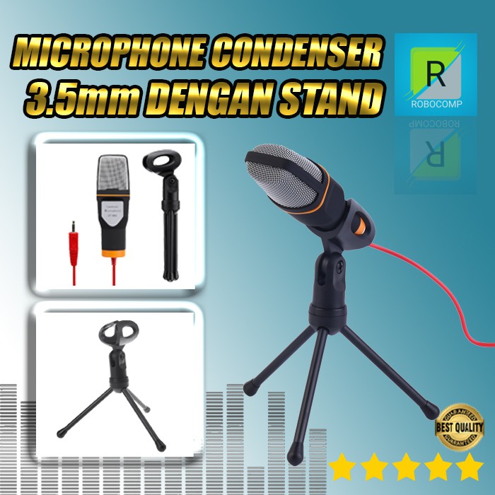 GOLD - 3.5mm Condenser Microphone Warna Emas - Mikrofon Rekaman Kabel Audio + Tripod Stand