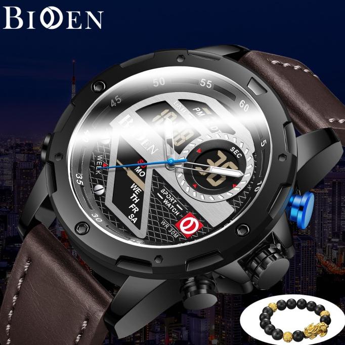 BIDEN Jam Tangan Pria Multifungsi Tali kulit Mode Display Kuarsa Jam