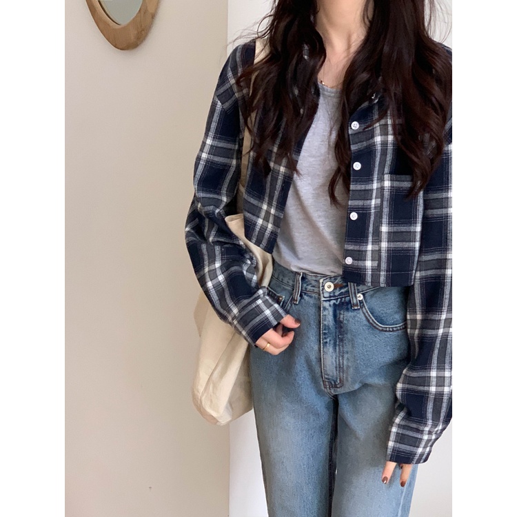 Kemeja Kotak kotak Wanita Casual Lengan Panjang Korean Style Blouse Import Shirt Crop Baju Wanita Kekinian