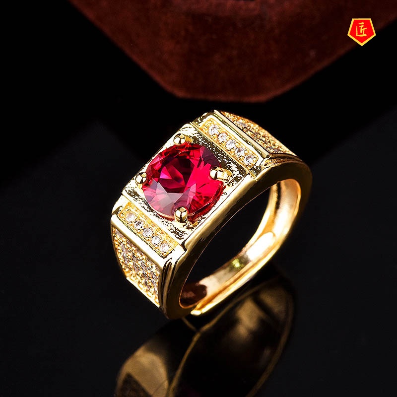 [Ready Stock]Domineering Men's Ring Inlaid Ruby 18K Gold