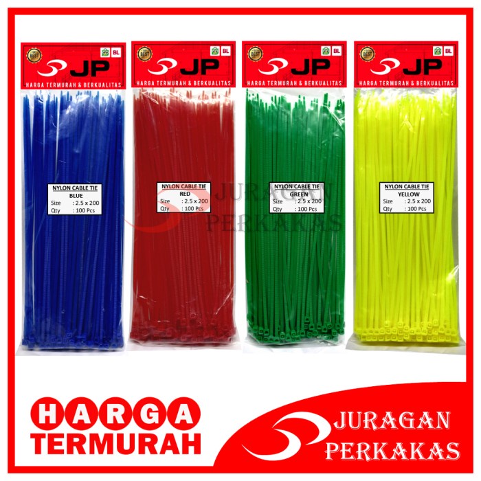 

READY PAKET 4 SET KABEL TIES 2.5 x 200 MM MERAH KUNING HIJAU BIRU 100 PCS MURAH