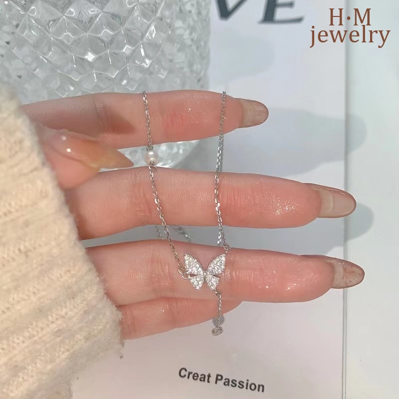 Kalung Rantai Clavicle Silver S925 Model Rumbai Kupu-Kupu Hias Berlian Mutiara