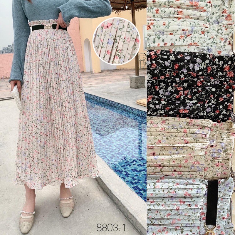 [Bisa COD] Classic Retro Flower Pleated Skirt Import Premium + Belt