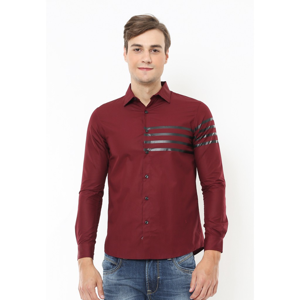 Johnwin - Kemeja Casual - Kemeja Pria - Motif Garis Hitam - Merah - Slim Fit - ASH.670.S871.715.C - 