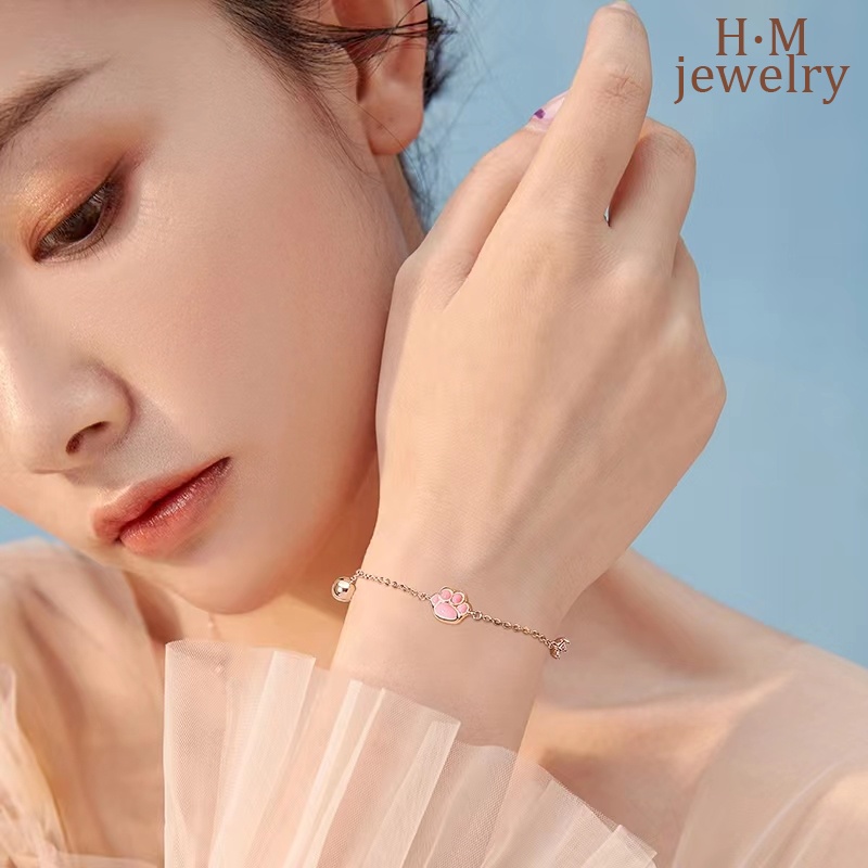 Gelang Tangan Rantai Sterling Silver 925 Aksen Telapak Kaki Kucing + Lonceng Untuk Wanita