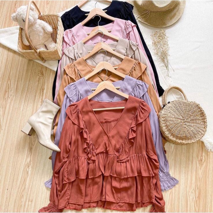 1KG MUAT 5PCS | OLIVER BLOUSE RUFFLE RAYON CRINCKLE PREMIUM HITS OOTD SELEBGRAM FASHION GROSIR