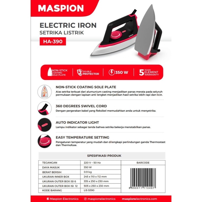 Maspion Electric Automatic Dry Iron Setrika Listrik HA-390 350 W HA390