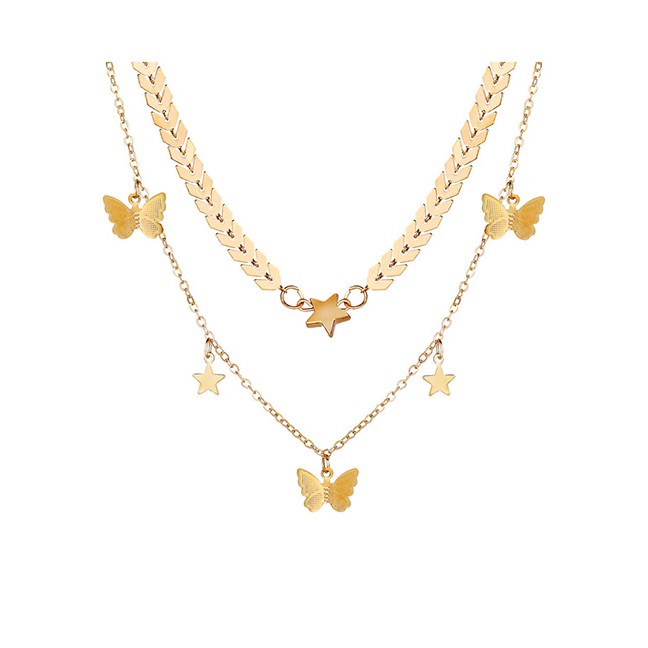 LRC Kalung Fashion Golden Butterfly Pentagram Leaf Chain Multi-layer Necklace K25194