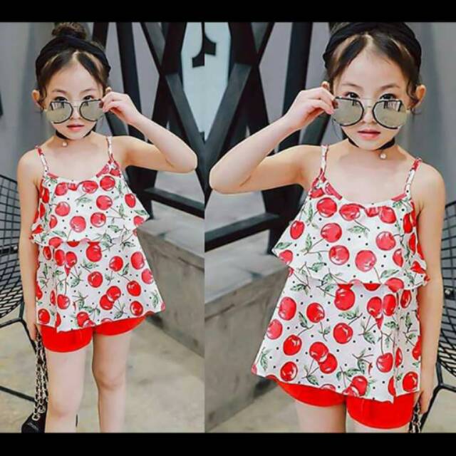 Setelan Anak Cewek Fruity Cherry Red Set 2in1 (baju, celana)