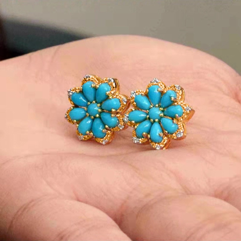 Boho Vintage Turquoise Stud Earrings Women 925 Sterling Silver Snow Flower Diamond Earrings Bridal Wedding Party Anniversary Gift Jewelry