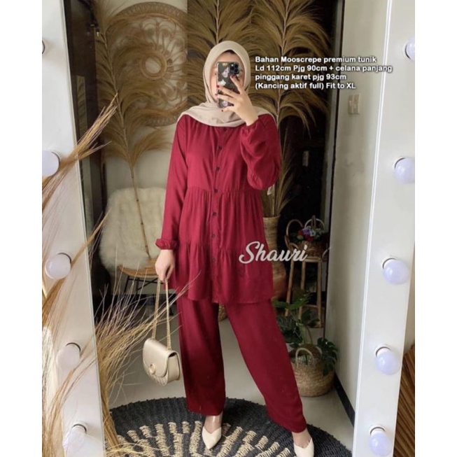 SETELAN SHAURI Fashion Wanita Cantik Muslimah Bepergian Remaja Kuliah Terbaru Casual