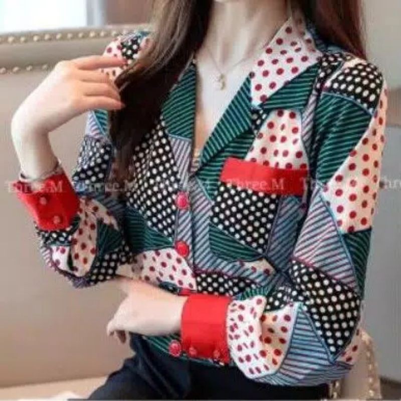 8390 Kemeja Kerja Wanita Lengan Panjang Kemeja Motif Polka Abstrak Cantik Import Murah Best Seller
