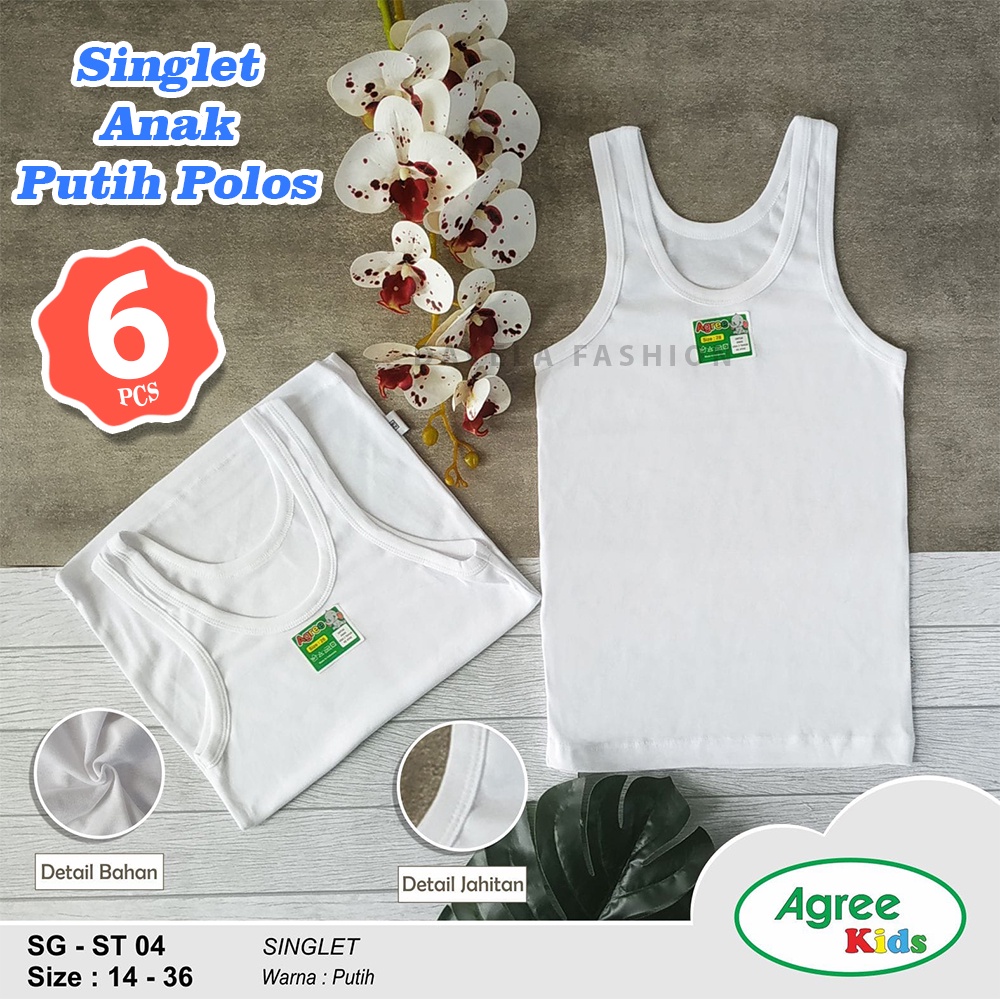 6 Pcs Singlet Anak Putih Polos Agree ST 04 | Singlet Agree Original | Agree Kids | Kaos Dalam Anak