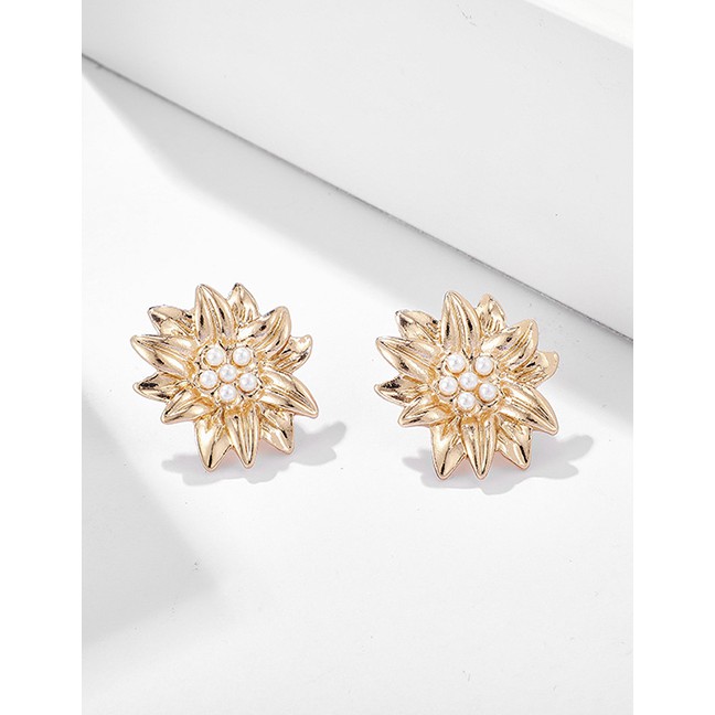 LRC Anting Tusuk Fashion Golden Pearl Flower Earrings D61346