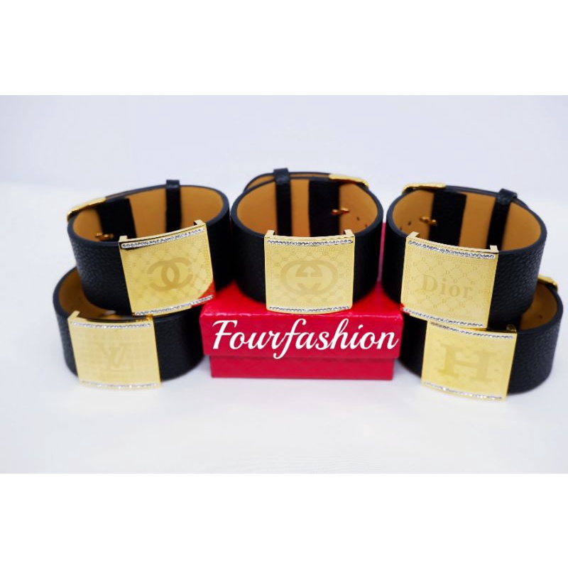 Fourfashion Gelang Kulit Sabuk Tali Jam Premium Permata 3CM