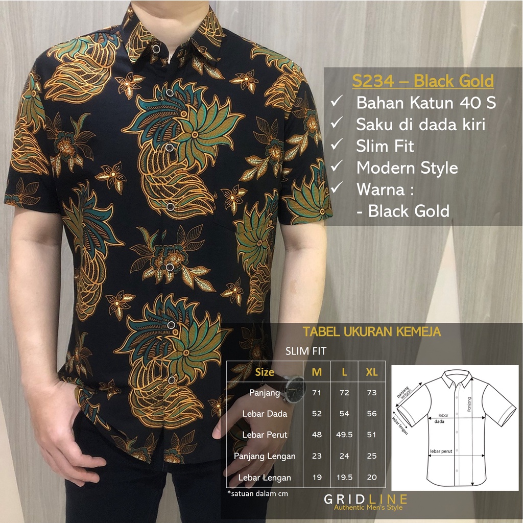 [GRIDLINE - S233 S234] Kemeja Batik Pria Katun Lengan Pendek Slimfit Modern Casual Simpel Elegan