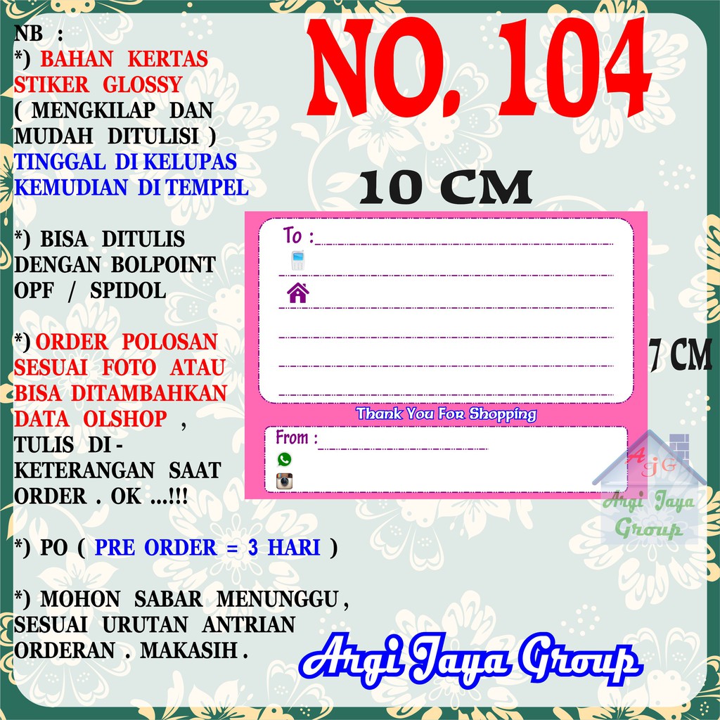 

Stiker Pengiriman - Sticker Alamat Olshop Murah Nomer 104 - 10x7 cm - Glossy