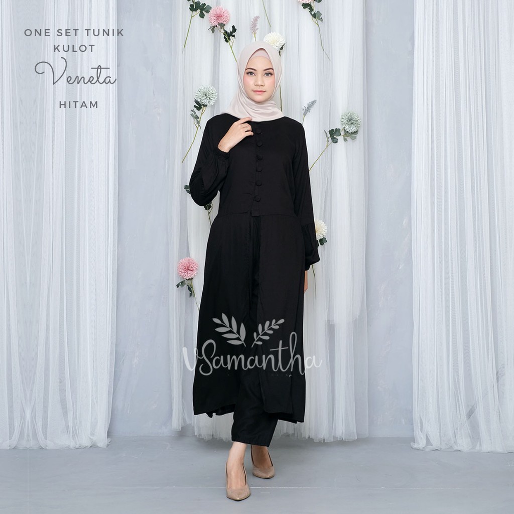 Raszi Official - Setelan Tunik Kulot Polos Veneta Terbaru Bahan Rayon Adem Warna Hitam