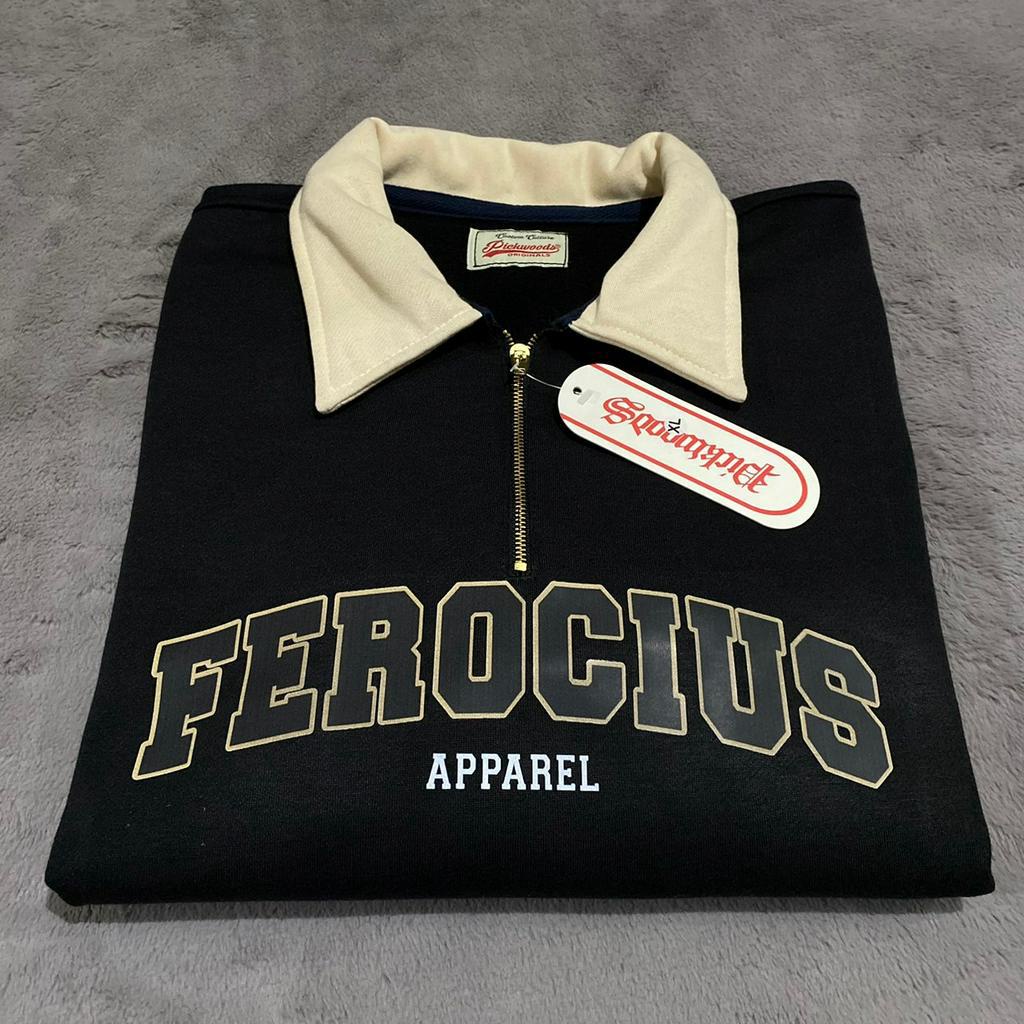 Jaket Sweater Rugby Kombinasi Motif Ferocious  / Warna Simple Cotton Fleece Premium Distro Size M-XXL Warna Hitam &amp; Beige Original