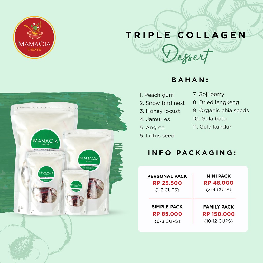 

Paket Triple Collagen Dessert (Peach Gum + Snow Bird Nest + Honey Locs) Mamacia Treats Personal Pack