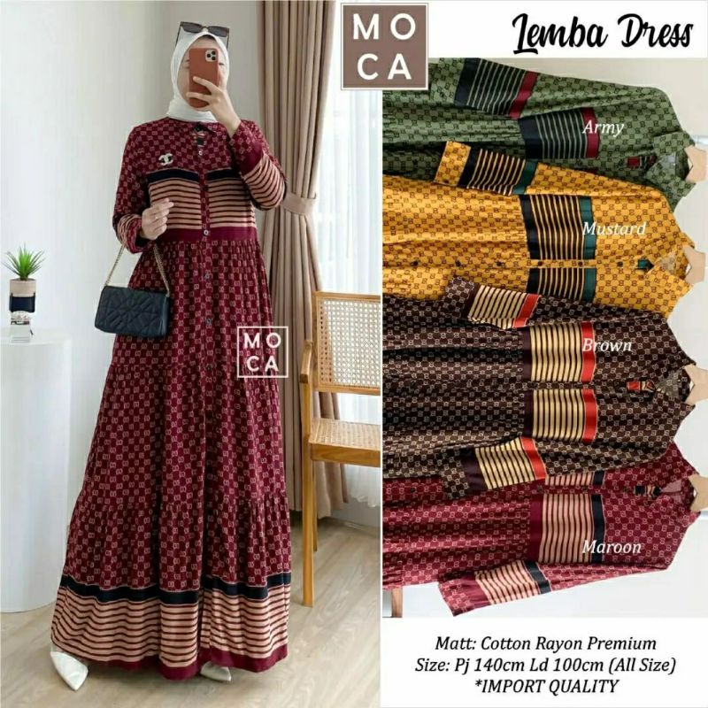 Lemba Dress, GAMIS MUSLIM CANTIK FIT XL LD 100 BAHAN KATUN RAYON PREMIUM KANCING AKTIF TERMURAH OOTD