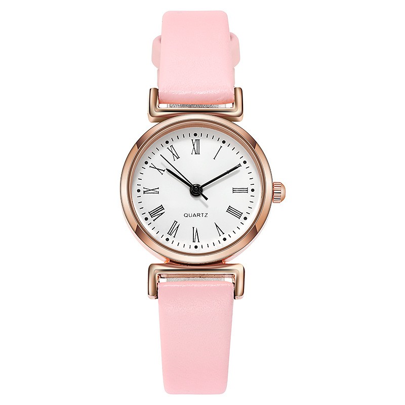 Jam Tangan Analog Quartz Wanita Kecil Tali PU Leather Korean Style Fashion Import-Romawi Pink