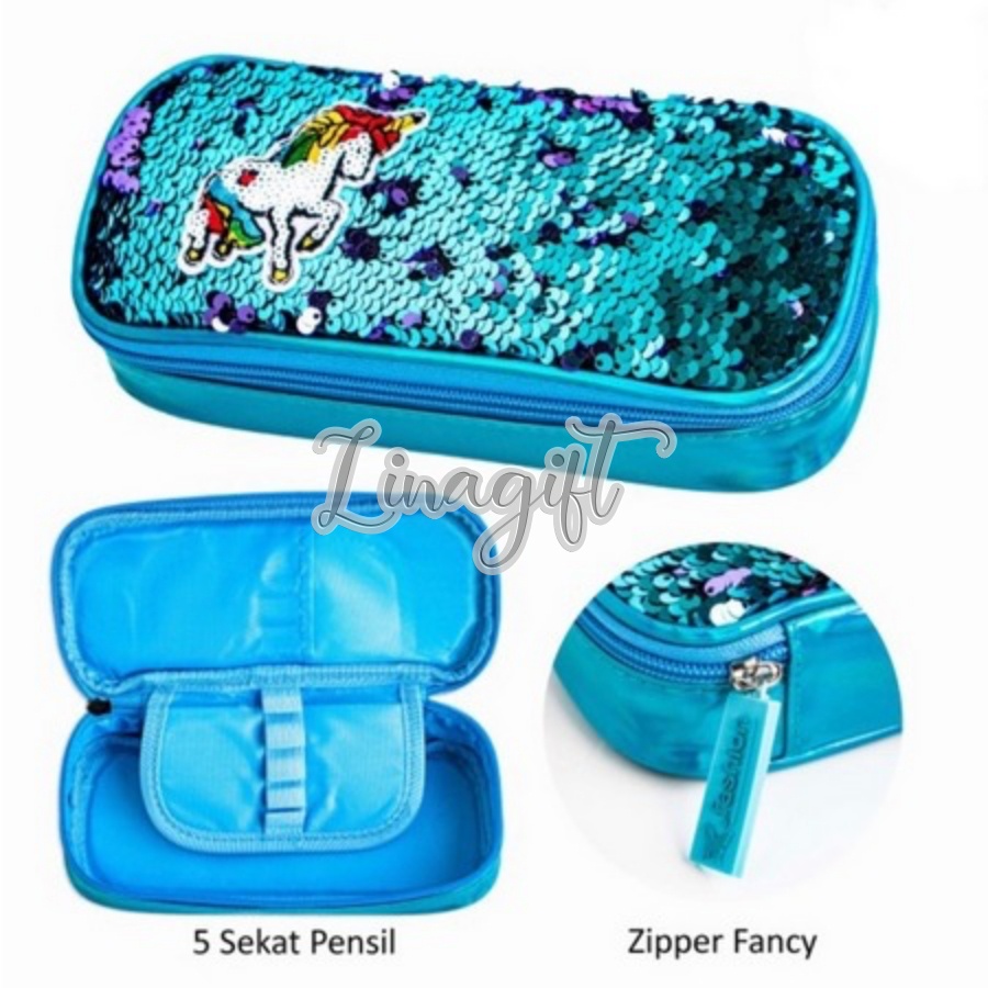 TEMPAT PENSIL SEQUIN MANIK - PENCIL CASE SHINY FANCY EXCLUSIVE DOUBLE ZIPPER FLAMINGGO UNICORN