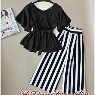 Setelan Celana  Elegant Chane Stripe  Hitam  Bahan Twiscone 