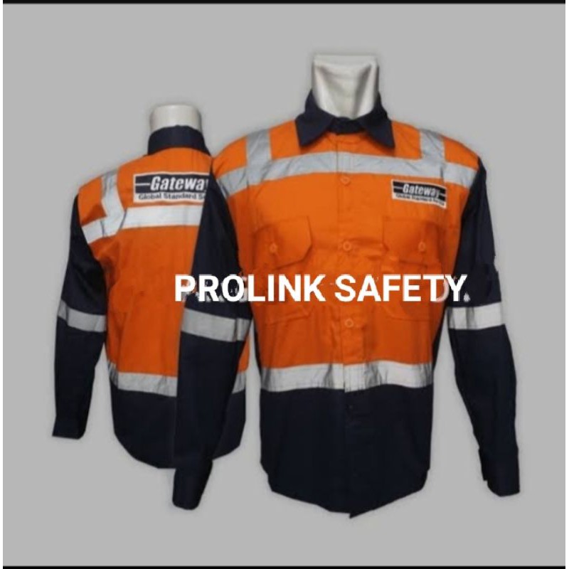 SERAGAM BAJU SAFETY ORANYE HITAM KANCING BERLOGO K3 SCOTLIGT 4CM PUNDAK