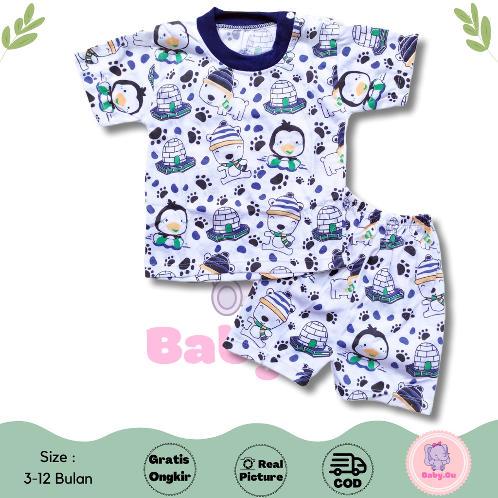 Setelan Baju Bayi Lengan Pendek Celana Pendek Motif Pinguin / Setelan Pendek Bayi Murah / Baju Bayi Pendek / Baju Harian Bayi / Baby.ou_