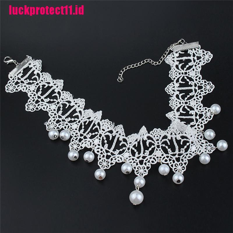 (LUCK) Kalung Choker Bahan Lace Hias Mutiara Gaya Trendy / Sexy / Romantis Kreatif Untuk Wanita