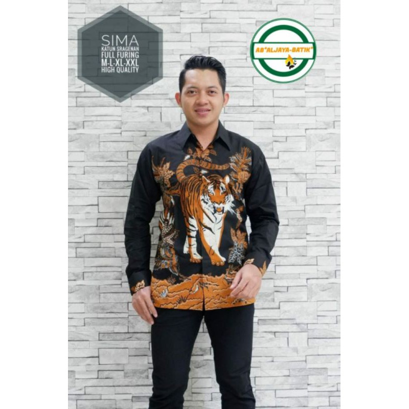 Kemeja Batik Pria Motif Harimau Warna Hitam Batik Lengan Panjang Lapis Furing Batik Motif Macan SIMA