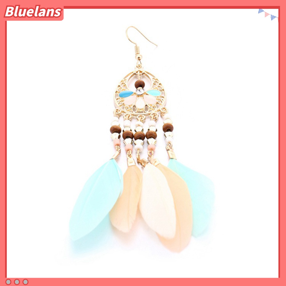 Anting Rumbai Bulu Manik-Manik Oval Warna-Warni Model Hollow Out Gaya Boho Untuk Wanita