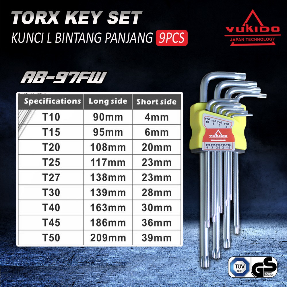 Kunci L bintang torx key set 9pcs Long yukido Kunci L Torx Set Kunci L lubang bintang panjang