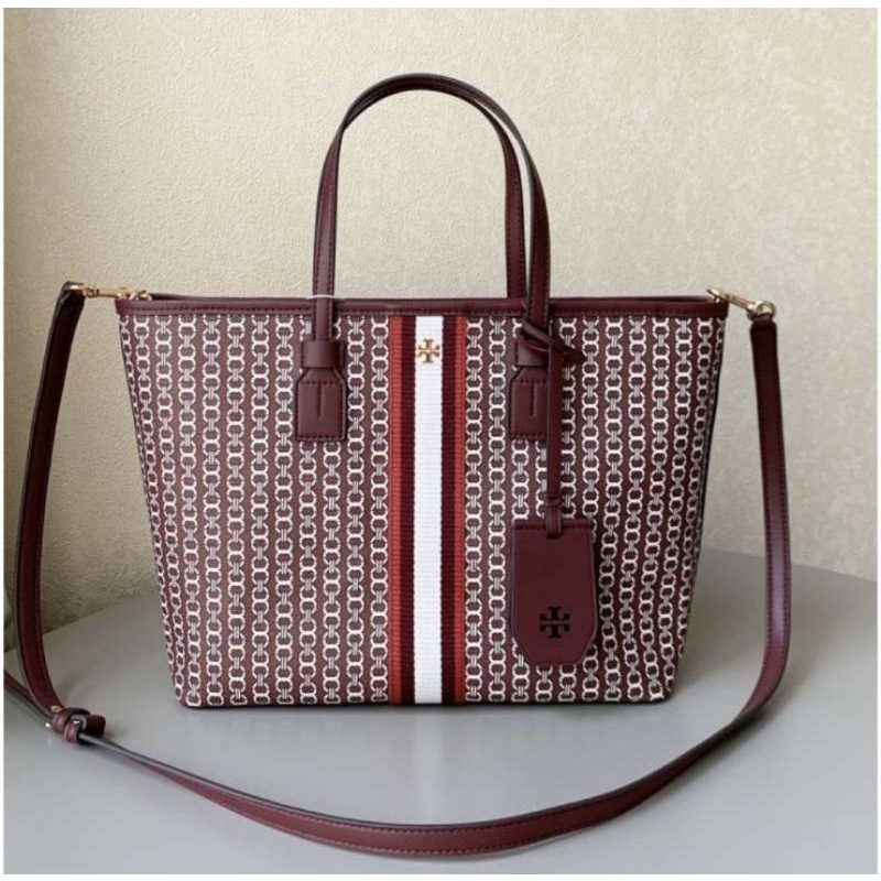 Tory Burch Gemini Link Canvas Top Zip Royal Burgundy