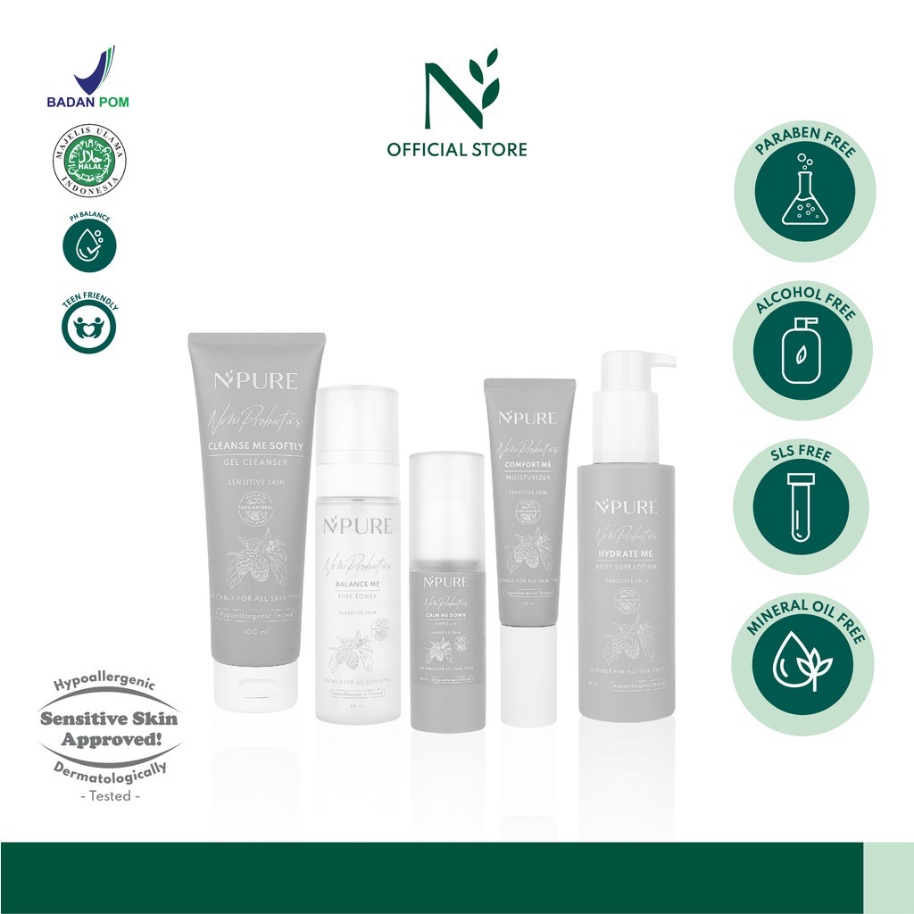 NPURE Indonesia / Facial Wash Cleanser Face Primer Essence Toner Serum Ampoule Day Night Eye Cream Moisturizer Sunscreen Sheet Clay Mask Masker Clear Pad Soothing Body Lotion / Marigold Cica Centella Asiatica Noni Probiotics Acne Spf Foam Paket Lengkap