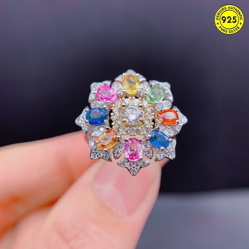 Cincin Model Terbuka Aksen Batu Permata Sapphire Warna-Warni