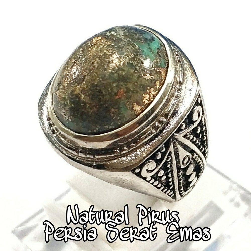 CINCIN BATU AKIK NATURAL PIRUS PERSIA TURQUOISE SERAT EMAS