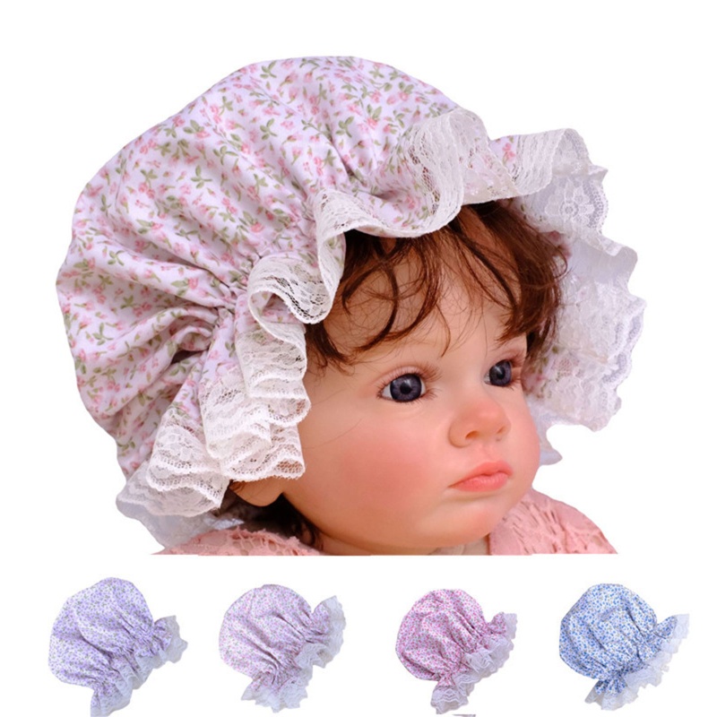 Mary Topi Bonnet Bayi / Anak Perempuan Print Bunga Hem Renda Ruffle Elastis Gaya Vintage