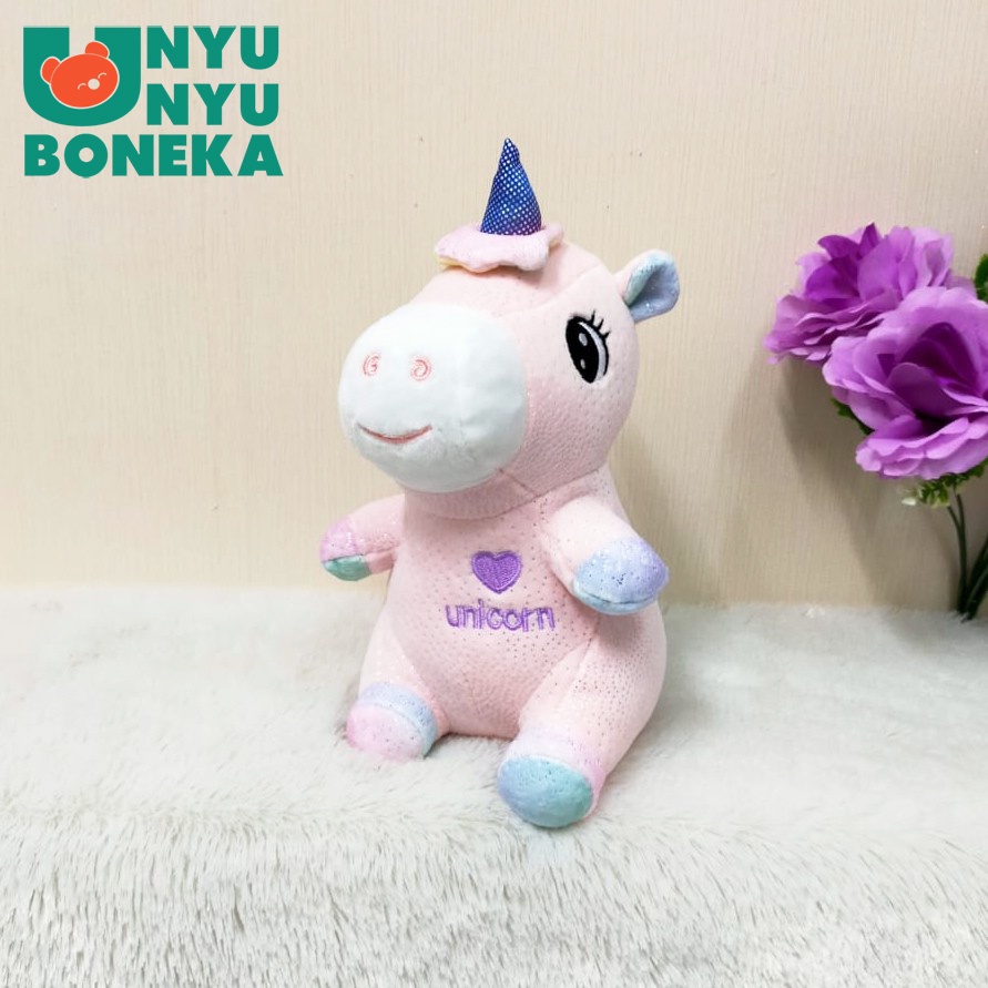 Boneka Sitting Unicorn Gliter Sayap Hati Size 22cm/35cm/kudaterbang